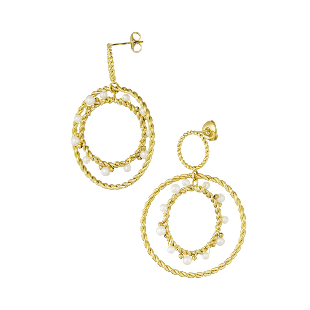 Boucles d'oreilles trio anneaux dorés et torsadés avec ses perles nacrées