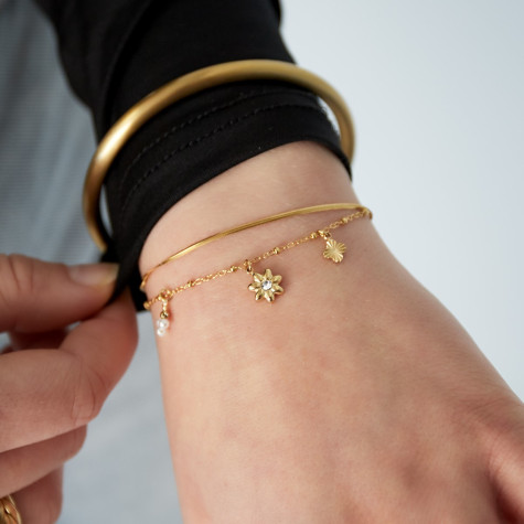 Bracelet doré double chaîne bi-maille fleurs et perles