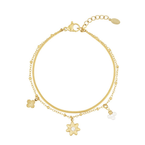 Bracelet doré double chaîne bi-maille fleurs et perles