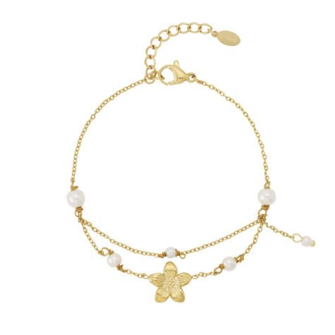 Bracelet doré double chaîne à fleur et perles blanches