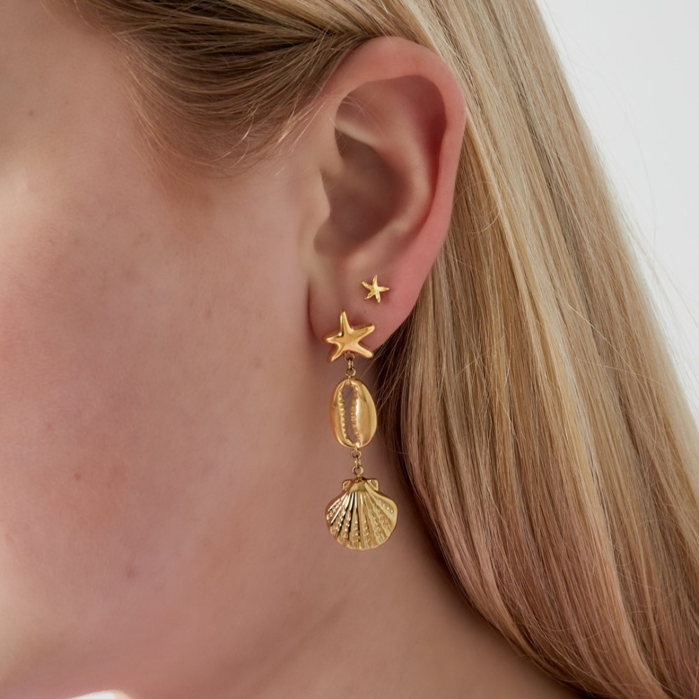 Boucles d’oreilles pendantes dorées trio coquillages et mer