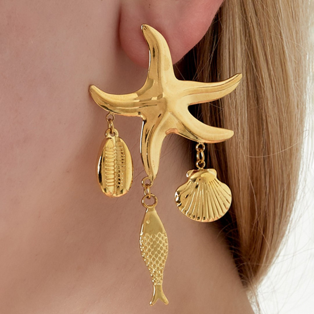 Boucles d'oreilles dorées coquilages et étoile de mer
