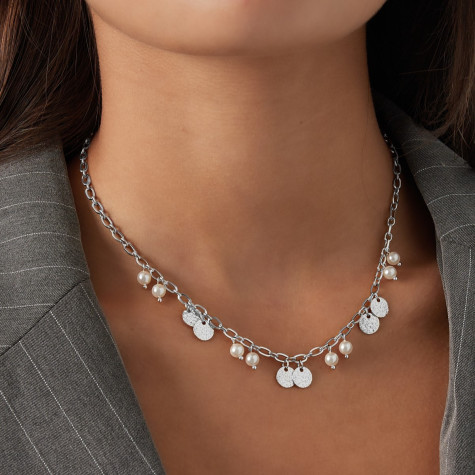 Collier argenté médaillons et perles