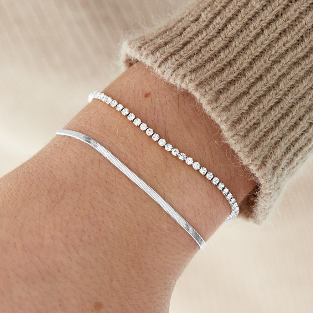Bracelet strassé argenté double chaîne deux en un