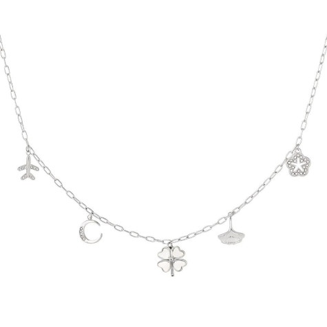 Collier argenté porte-bonheur et breloques